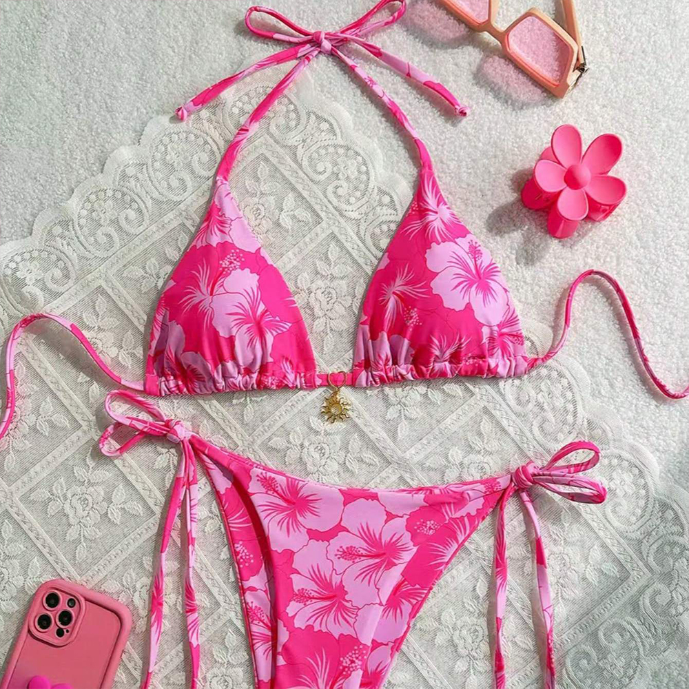 Thong Bikini Women - Women's Printed Vest Bikini+Thong Bra Design