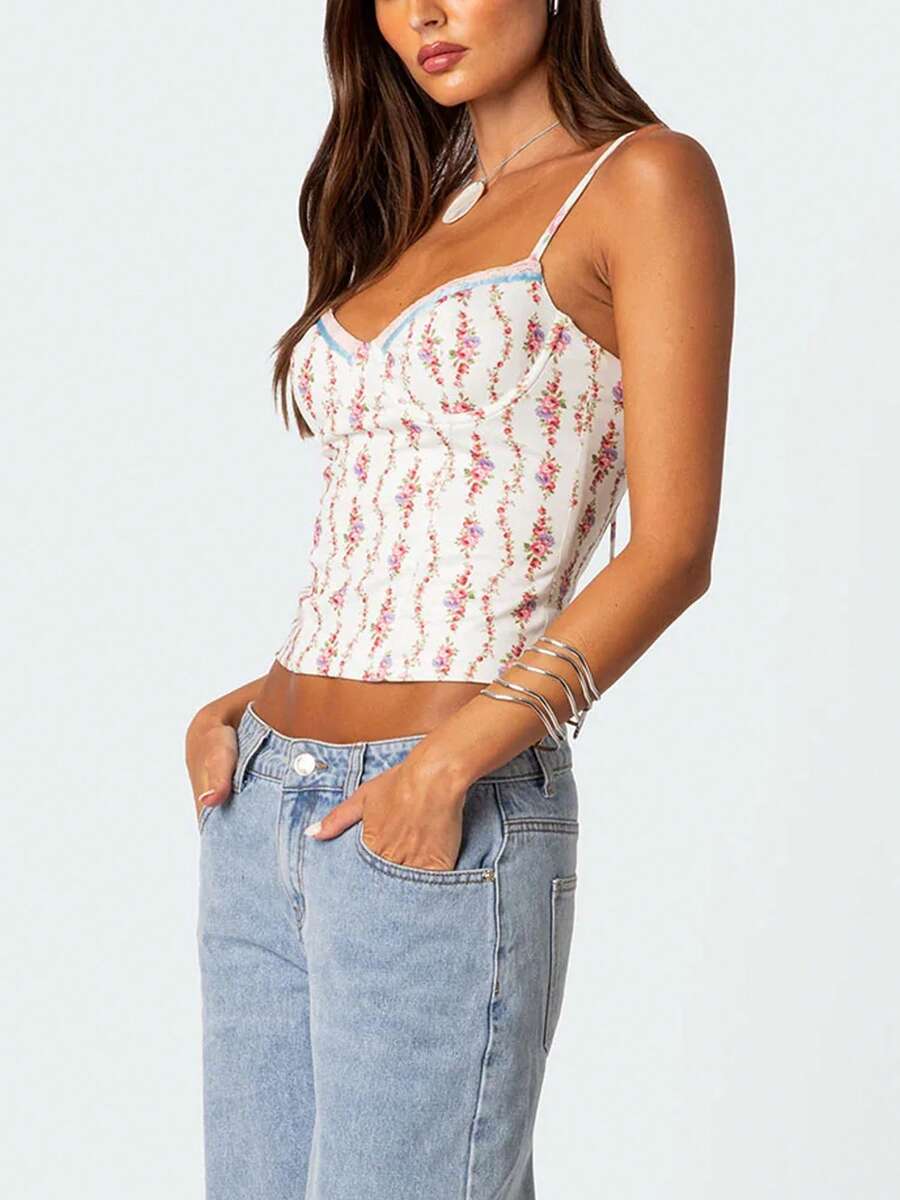 Women Floral Print Tie Strap V – Cami Top Lace Bewertung und Preis