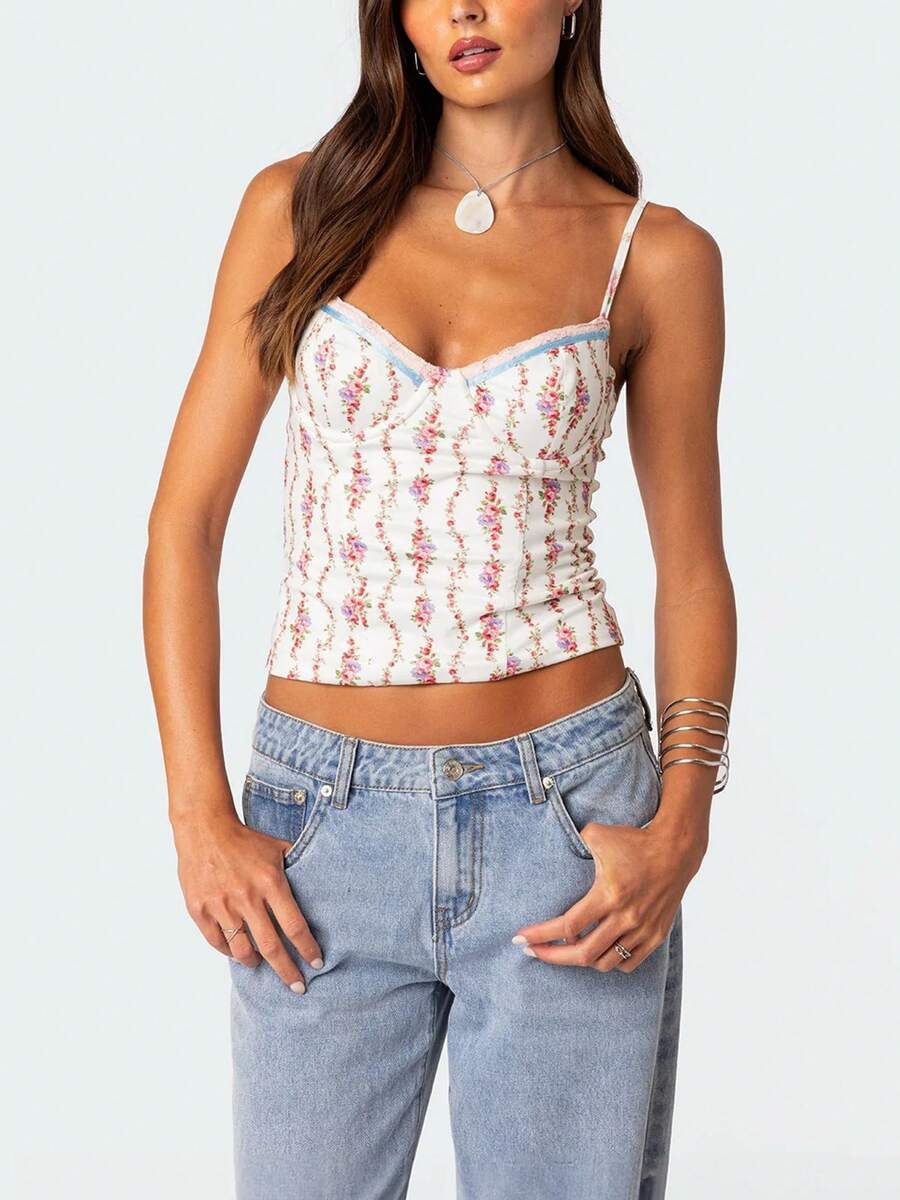 Women Floral Print Tie Strap V – Cami Top Lace Bewertung und Preis